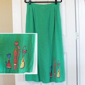 VTG Green Linen Cat Graphic Maxi Skirt
